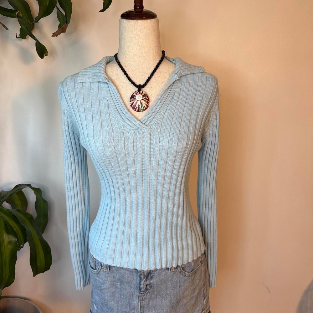 Vintage Gap Factory Blue Ribbed V Neck Collared Cotton Sweater 13519403 Medium